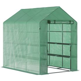 Outsunny 7' x 5' x 6.5' Walk-in Greenhouse, PE Cover, 3-Tier Shelves, Steel Frame Hot house, Roll-Up Zipper Door for Flowers, Vegetables, Saplings